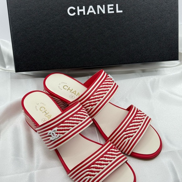 Chanel CC Braided Red and White Striped Sandals - Size 38